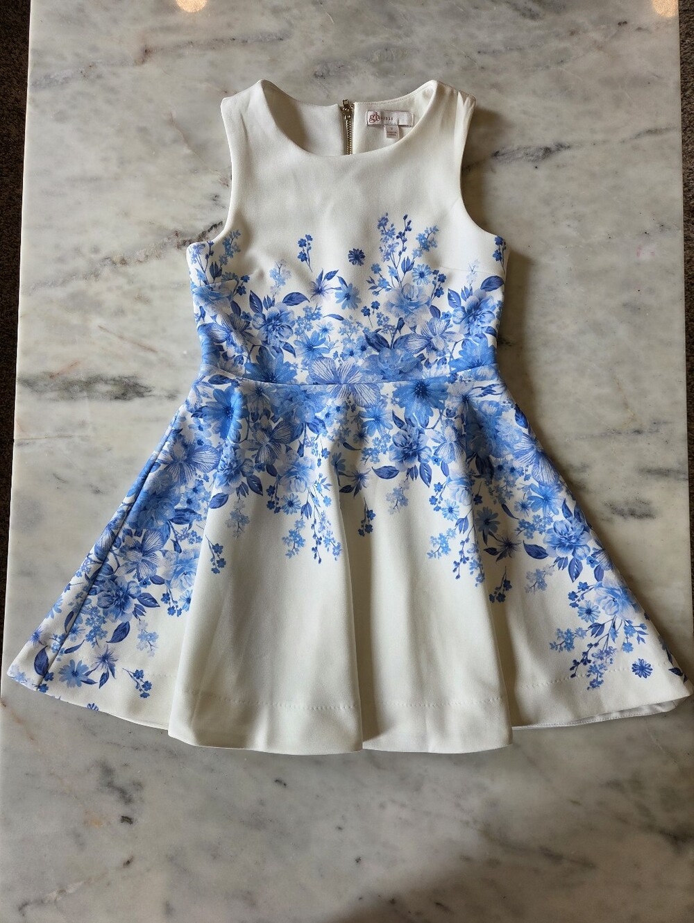 GB Girls White & Blue Floral Sleeveless Dress Top